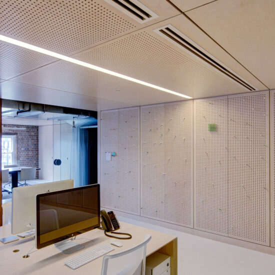 Key ply perforated acoustic plywood ceiling panels at ansarada office sydney for feature wall