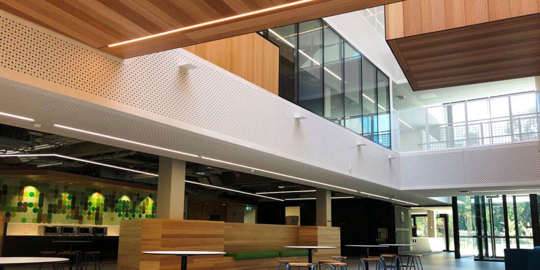 Perforated and slotted ceiling panel - adelaide botanic high school