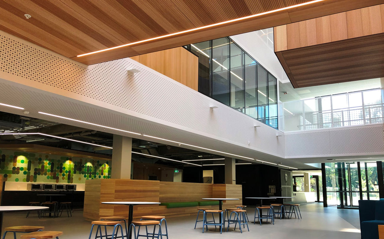 Perforated and slotted ceiling panel - adelaide botanic high school