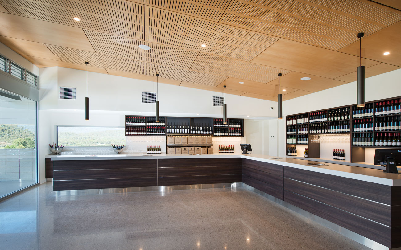 Key ply slotted acoustic plywood panels designed by keystone linings at chrismont winery restaurant