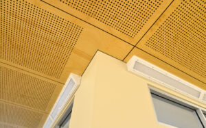 Acoustic perforated hoop pine plywood panels designed & manufactured by keystone linings at mosman prep school