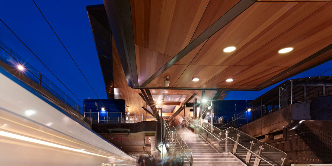 Slotted acoustic plywood panels on the ceiling. Designed by keystone linings at nunawading train station