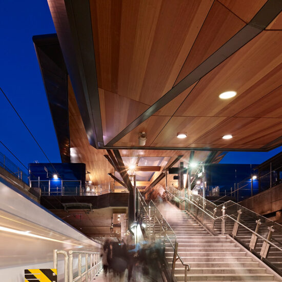 Perforated wood ceiling panel designed by keystone linings at nunawading train station