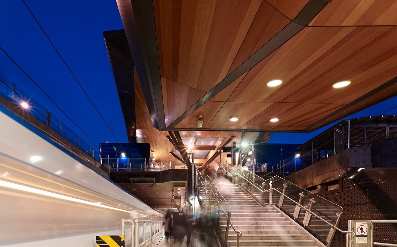 Slotted acoustic plywood panels on the ceiling. Designed by keystone linings at nunawading train station