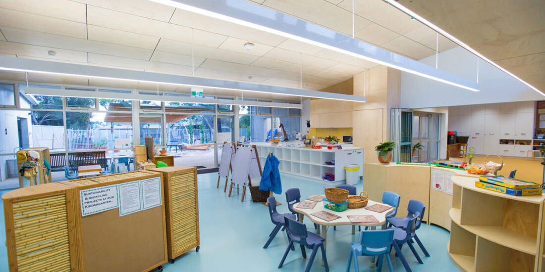 Acoustic plywood panels for ceilings. Designed by keystone linings for pimpala pre-school