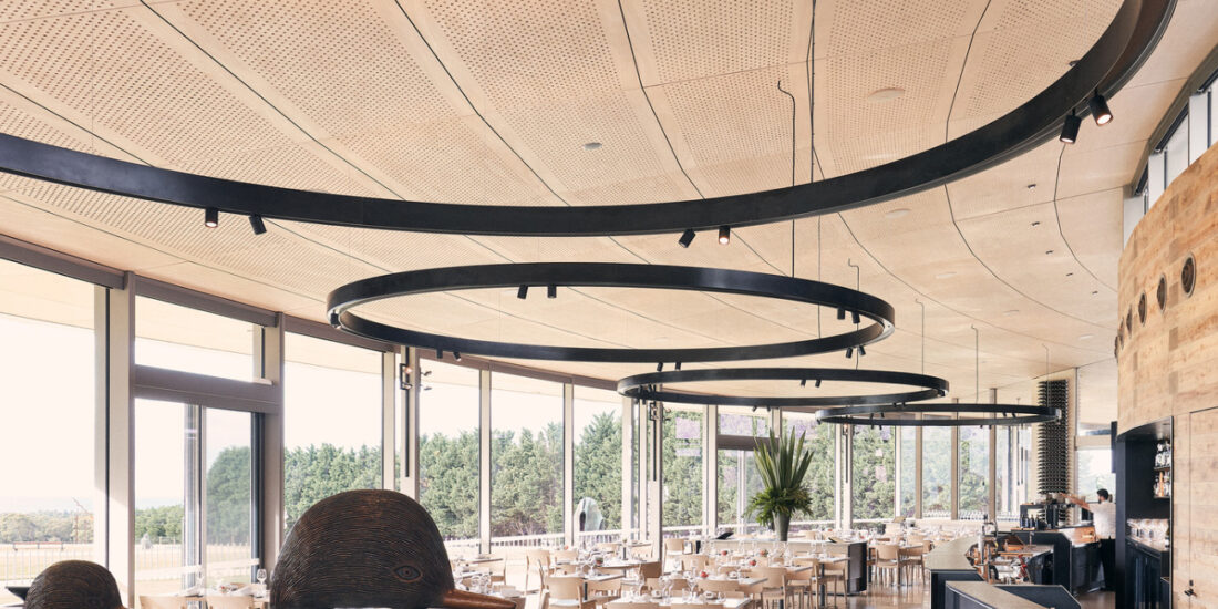 Acoustic plywood perforated ceiling panel designed by keystone linings at pt leo estate