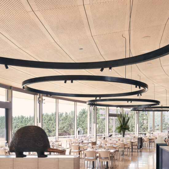 Acoustic plywood perforated ceiling panel designed by keystone linings at pt leo estate