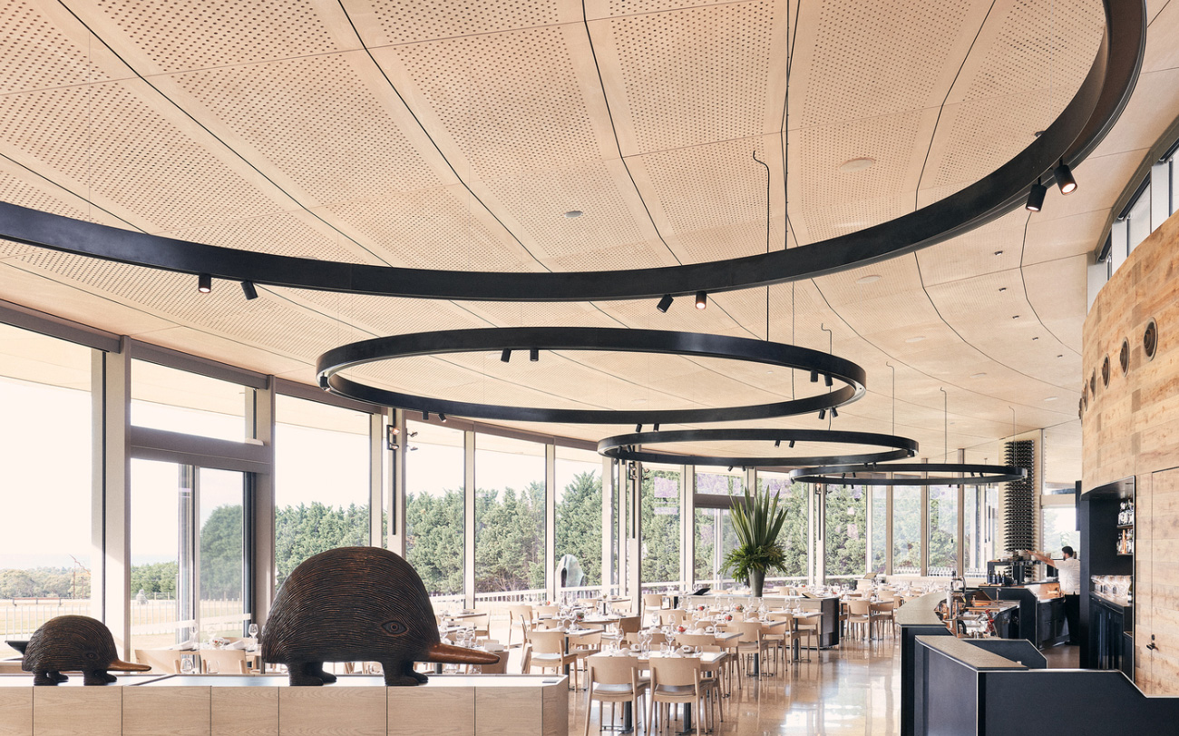 Acoustic plywood perforated ceiling panel designed by keystone linings at pt leo estate