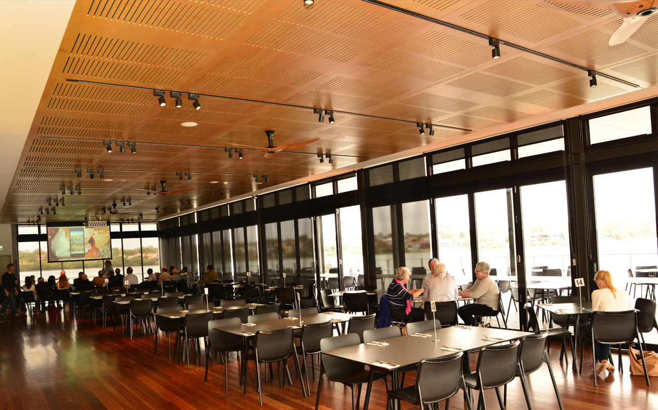 Key ply acoustic plywood slotted ceiling panel designed by keystone linings at rowing club