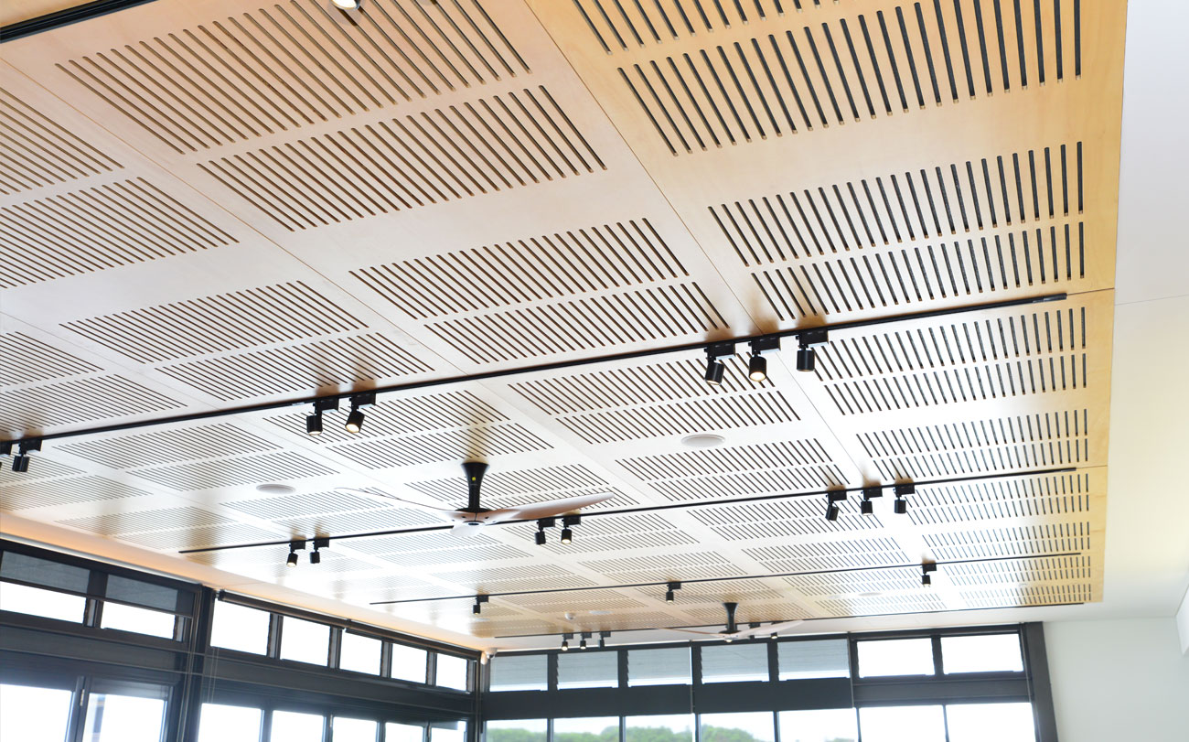Key Ply Slotted Acoustic Plywood Ceiling Panel Designed by Keystone Linings at Rowing Club