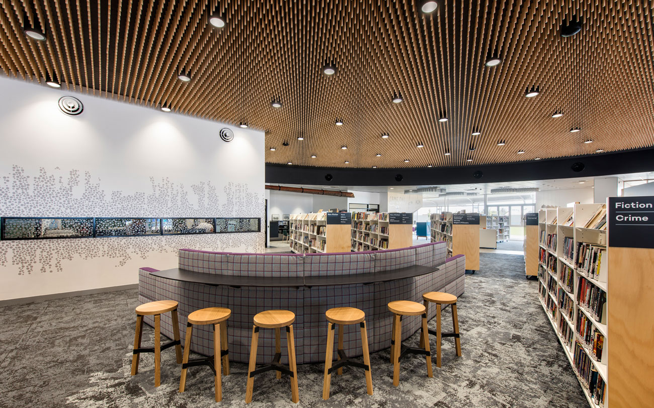 Slotted mdf ceiling panels design - aldinga library ceiling
