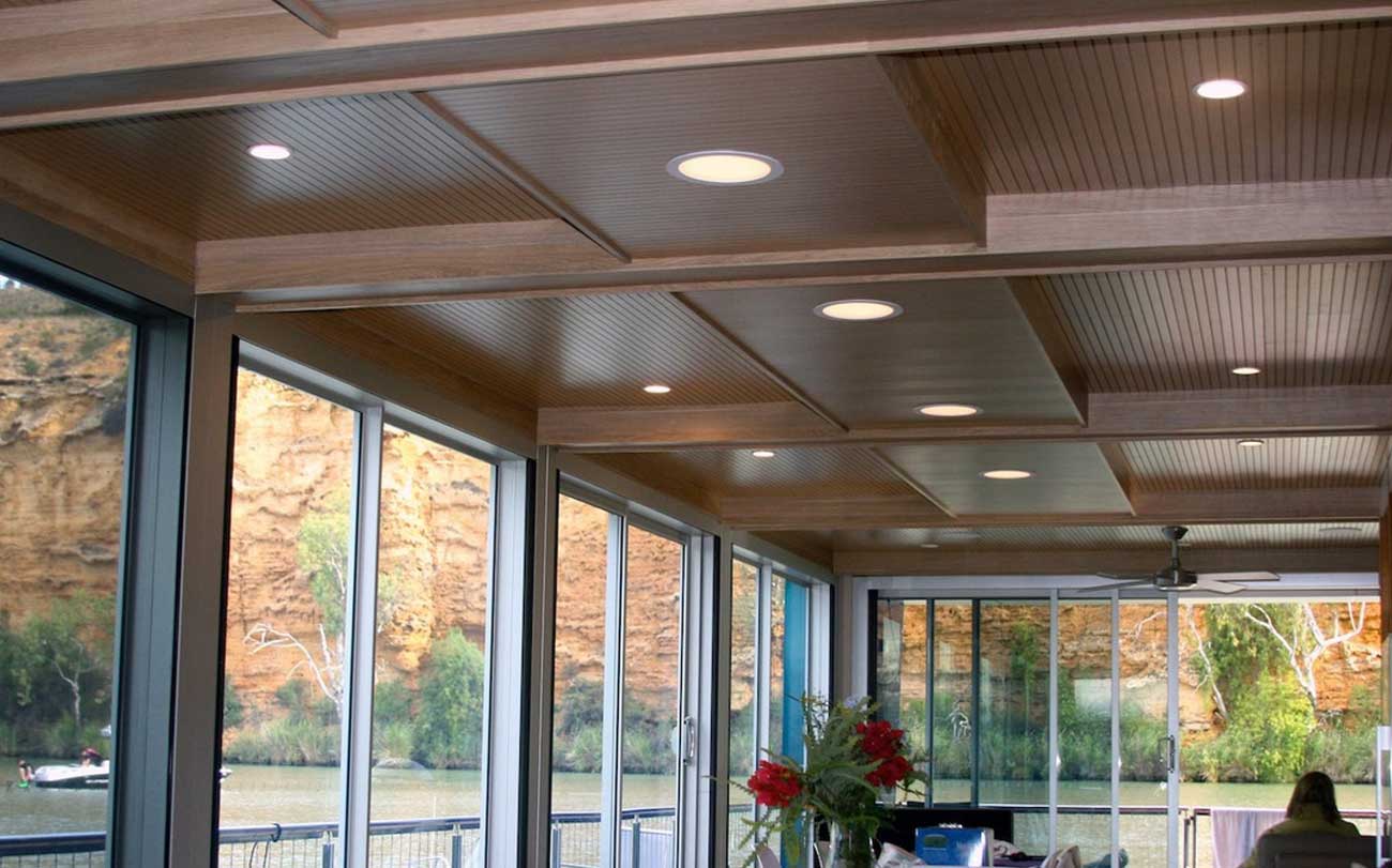 Key Nirvana Acoustic ceiling panels with a Vanilla Oak veneer Designed by Keystone Linings at Carpe Diem Houseboat