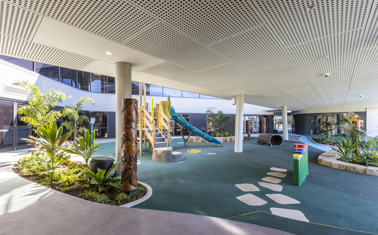 Key Endura Perforated Acoustic Plywood Fibre Cement Ceiling Panels Designed by Keystone Linings at the AB Patterson College Sydney