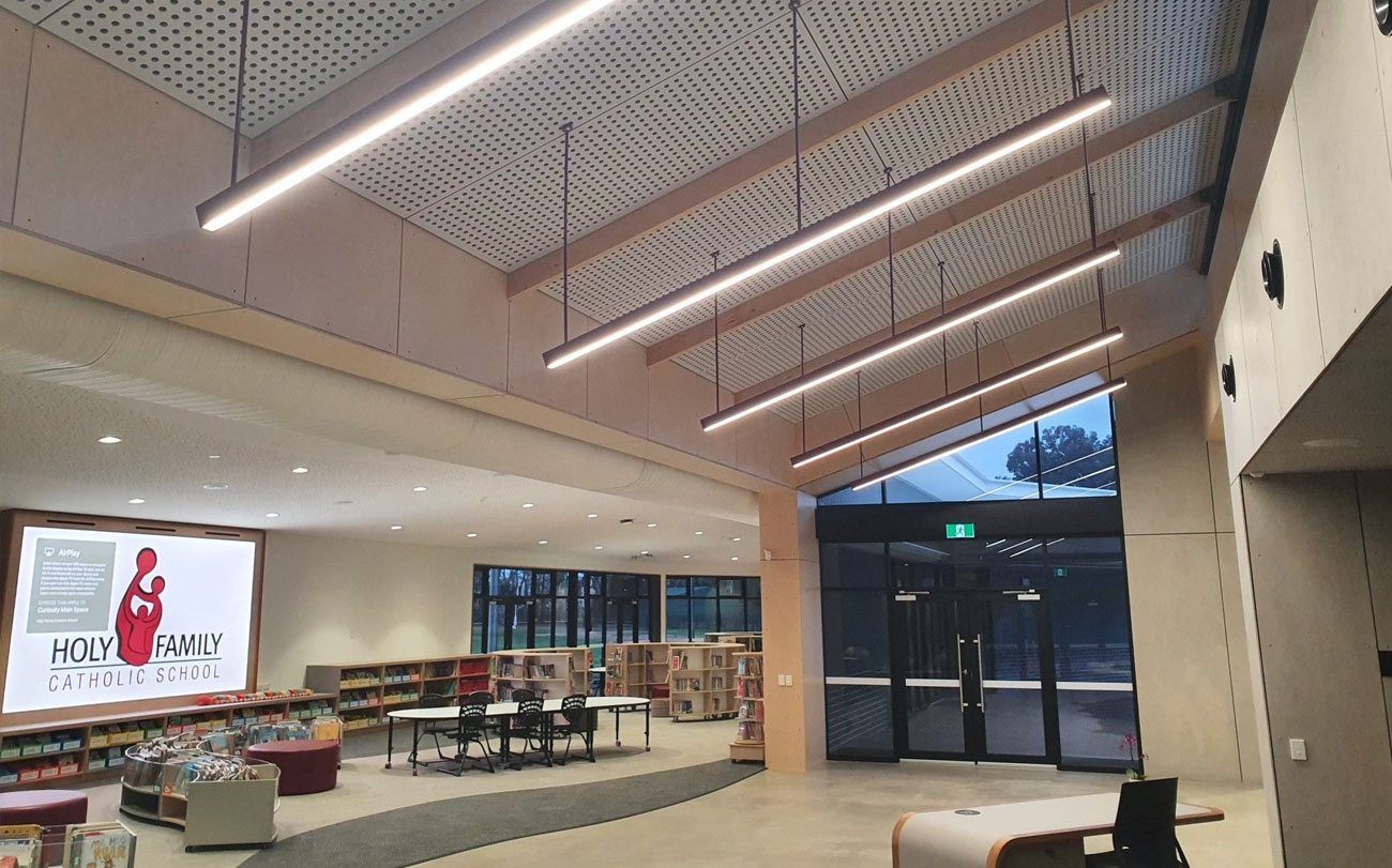 Timber Veneer Acoustic Ceiling Plywood Panels with spotted gum timber veneer at Holy Family School