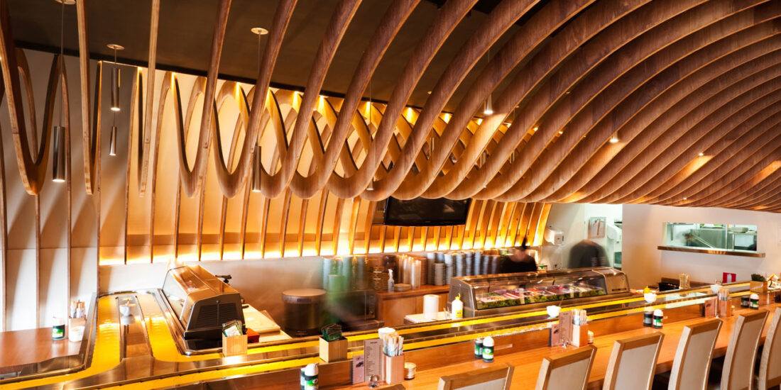 Acoustic curvatures ply ceiling panels - the cave restaurant