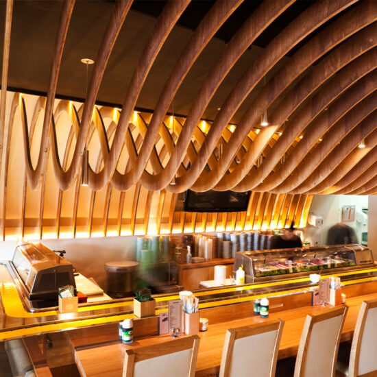 Acoustic curvatures plywood ceiling panels - the cave restaurant